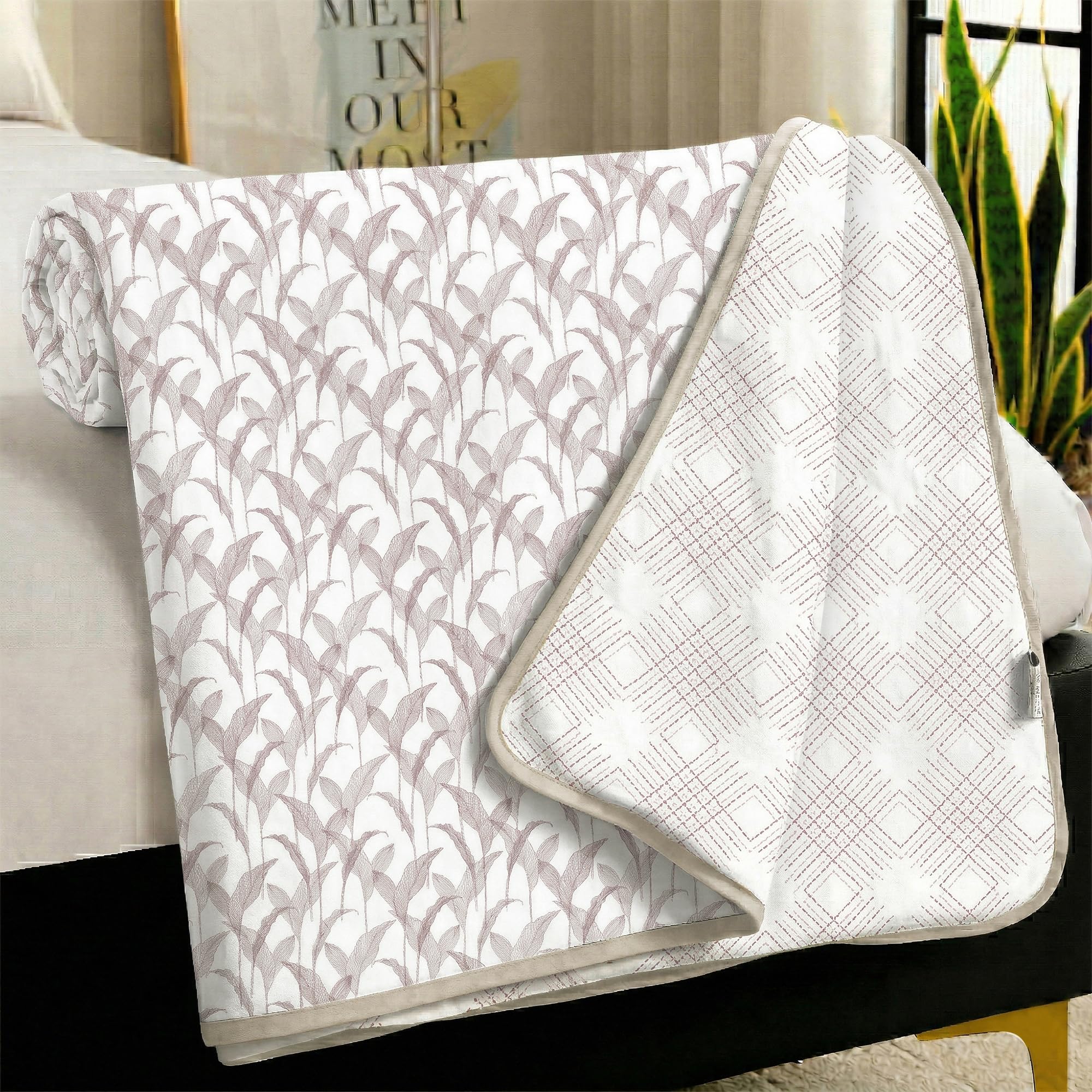 Story@Home AC Quilted Queen Size Bed Cotton 100%| 150GSM 144x220CM Quilt AC Blanket for Summer | AC Comforter Single Bed | Magenta & White, Dashed line & Leaf Reversible Design| All-Season Blanket Kafalo
