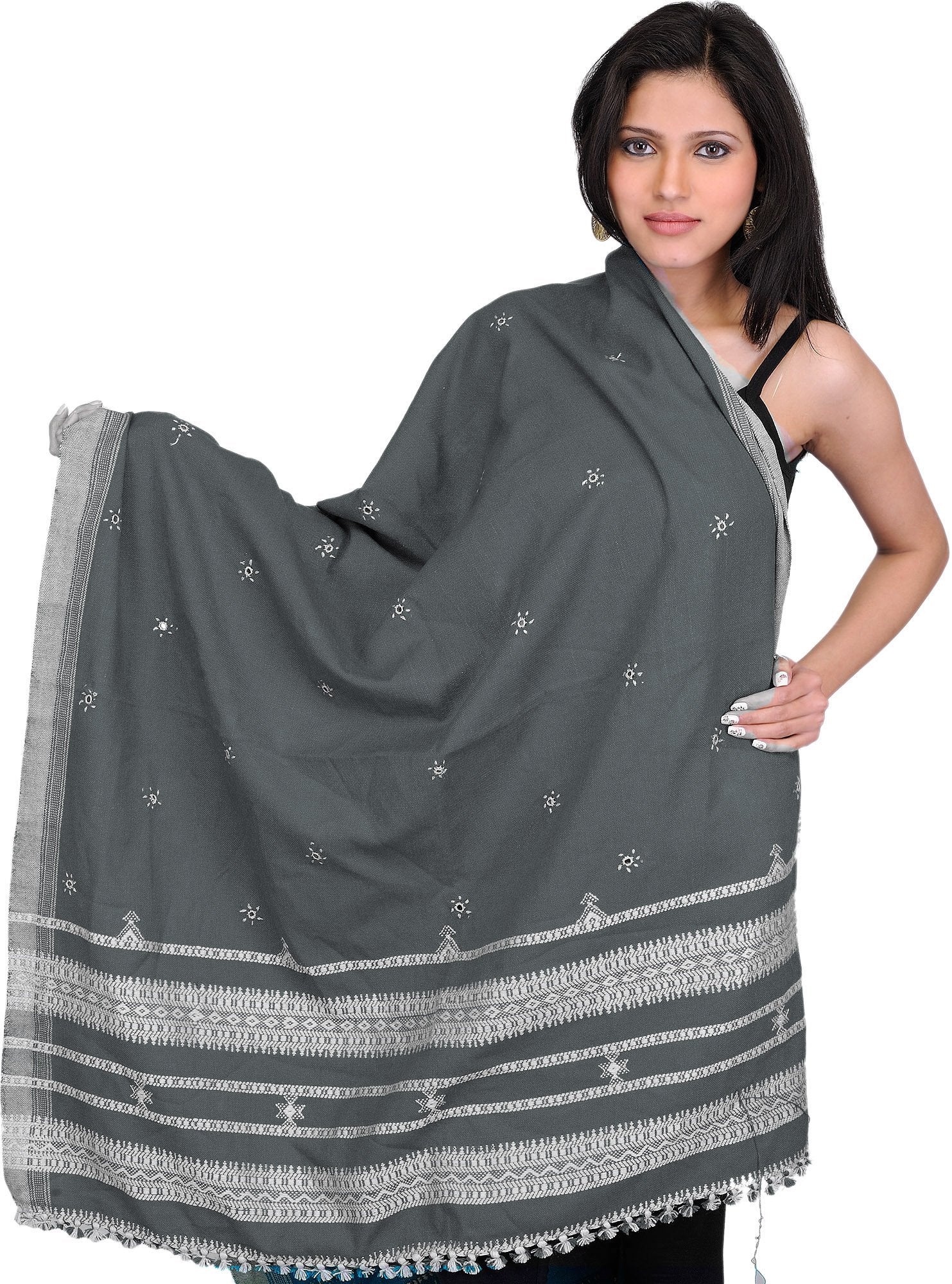 Exotic India Women's Wool Shawl (SHY72- Gray_Free Size)
