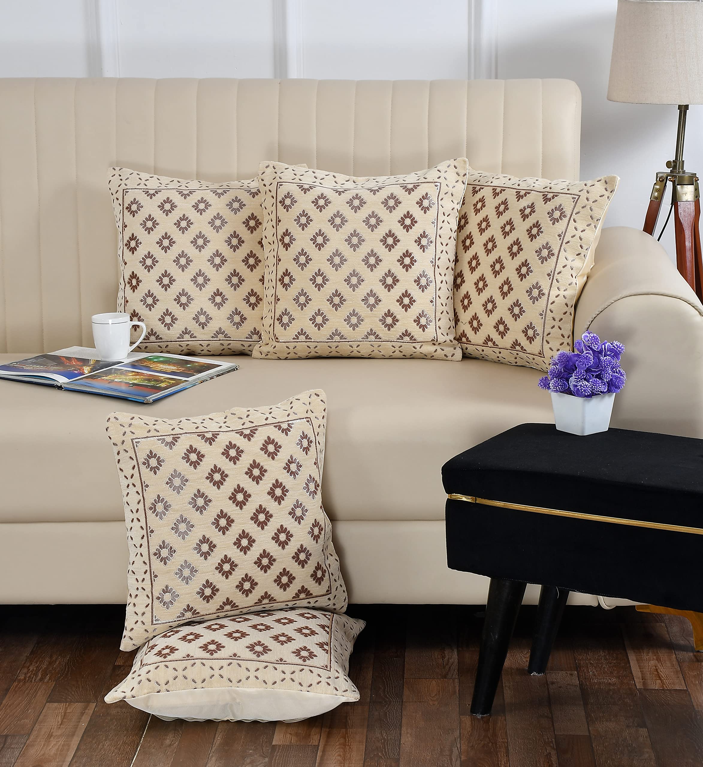 DECOMIZER Jacquard Geomteric Cushion Covers 24 inch x 24 inch Set of 5 Ethnic Motifs Cushion Covers,Design- Diamond,Color- Cream-240 TC