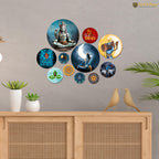 Artvibes Lord Mahadev Trishool & Damru Round Shape MDF Wooden Wall Decor Items | Spiritual Decor Items | Lord Shiva Painting | Wall Poster| Stylish Modern Decor Item | Gift Items (WPS_144N), Set of 11