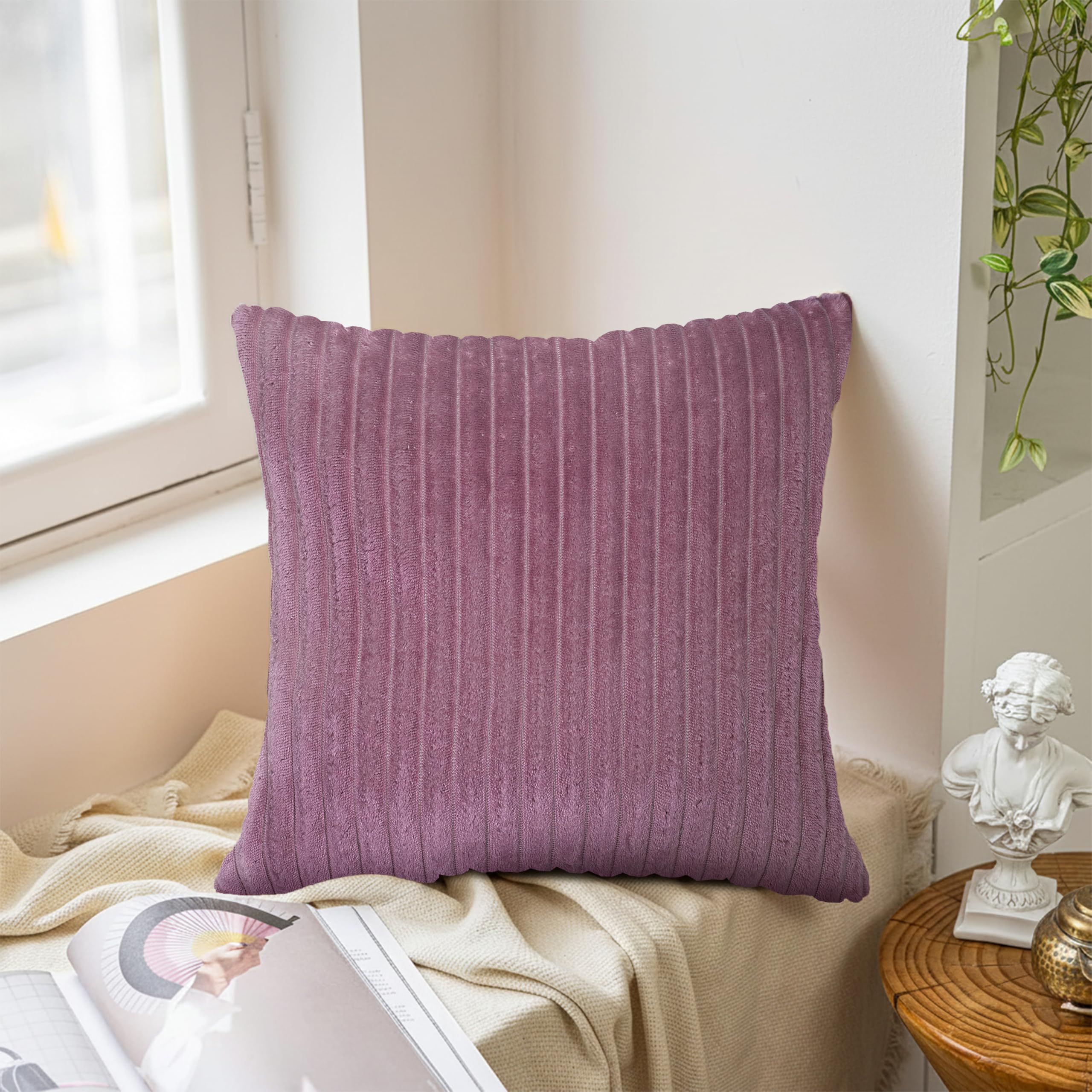 Yellow Weaves Pencil-Stripe Fur Cushion Covers | Soft Polyester | Decorative Sofa & Throw Pillow Covers | 16x16 Inches, Pack of 2 (Purple & Sea Green)