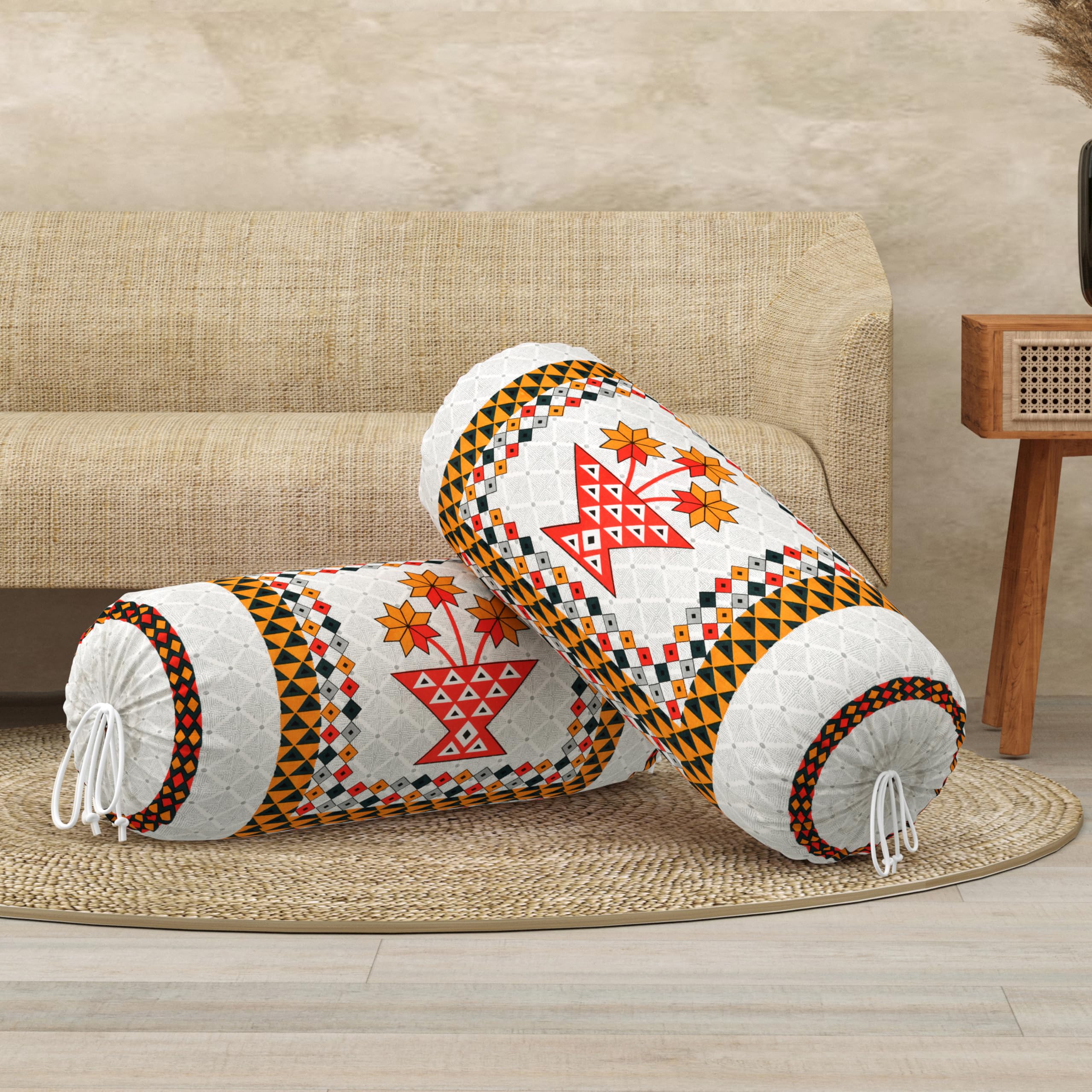 BLOCKS OF INDIA Cotton Hand Block Printed Bolster Cover | Booster Cover with Drawstring | Round Long Pillow Cover for Bed | Dewan Pillow Cover Set 16 X 32 | Set of 2 (Peach Star)