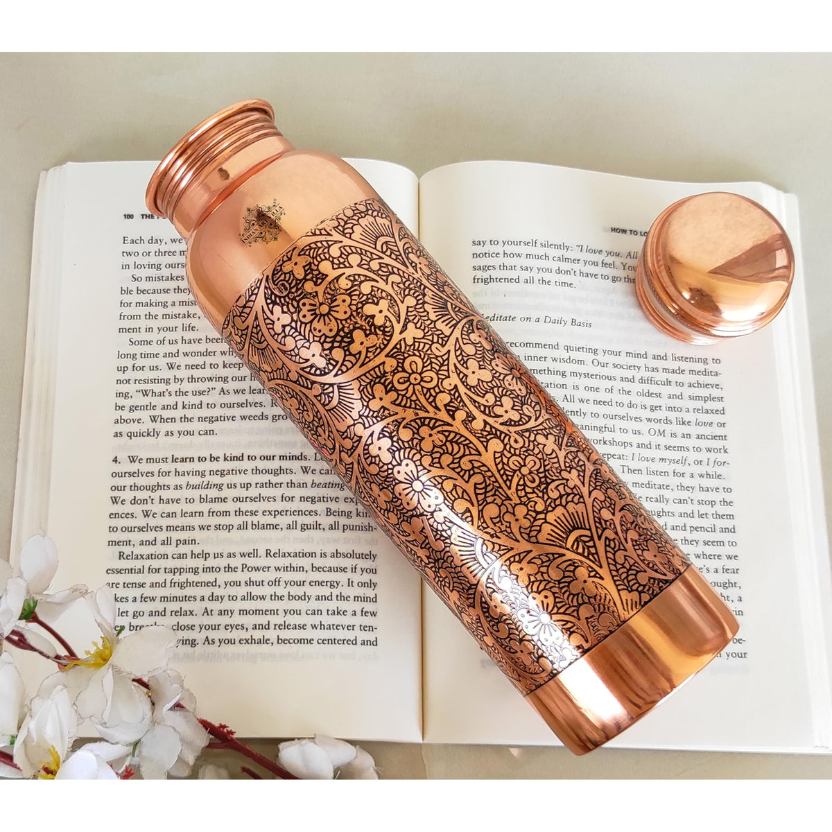 Indian Art Villa Copper Water Bottle, Dark Embossed Design, Ayurvedic Health Benefits, Brown (900 ml/0.9 Litre)