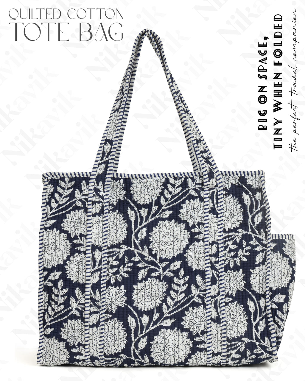 NIKAVIK 1 Tote Bags and 3 Pouch Quilted fabric Handblock Printed Tote Bag(with zip) and bottle compartment with Matching Pouches (Black White)