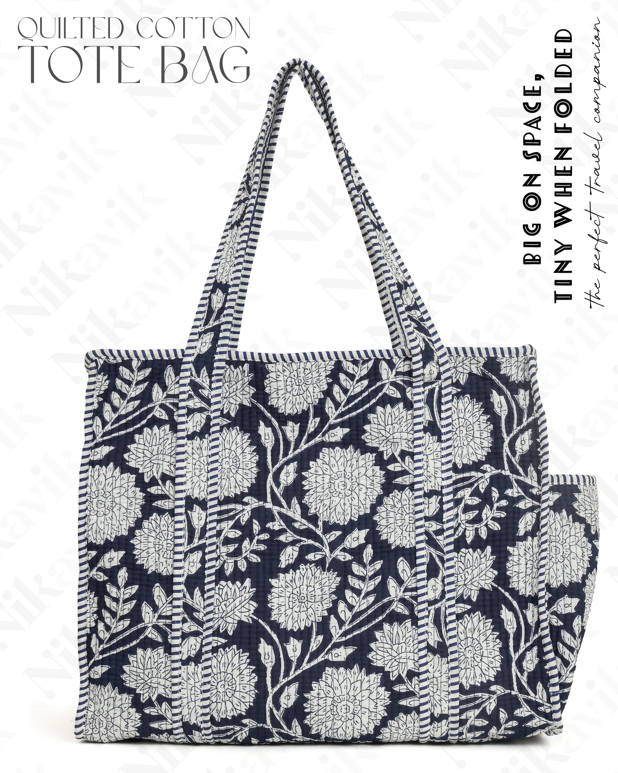 NIKAVIK 1 Tote Bags and 3 Pouch Quilted fabric Handblock Printed Tote Bag(with zip) and bottle compartment with Matching Pouches (Black White)