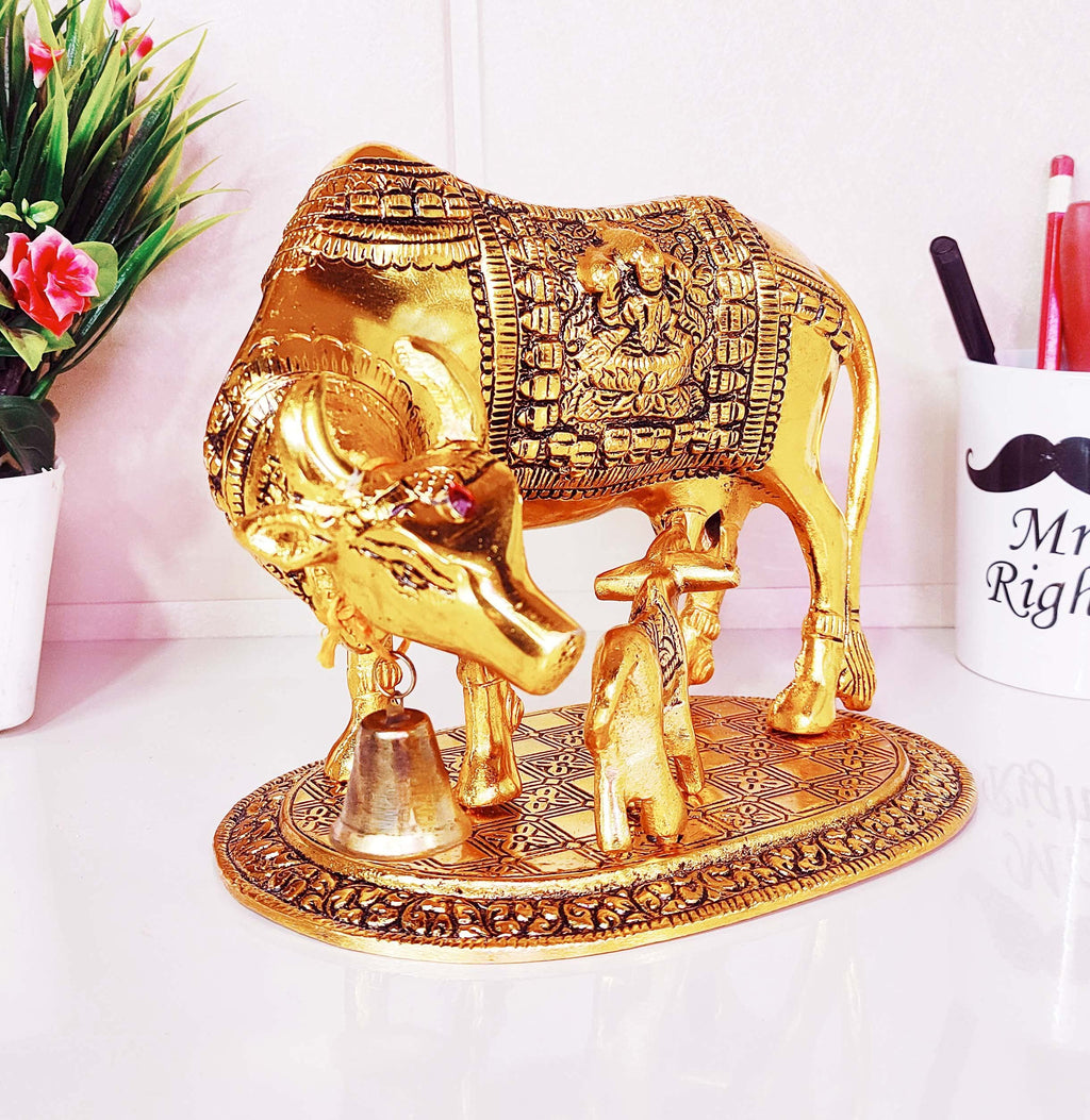 KridayKraft Kamdhenu Cow,Calf with Bal Gopal Krishna Metal Statue for Good Luck,Feng Shui As Table Top Figurine,Vastu,Religious Gau MATA Idol
