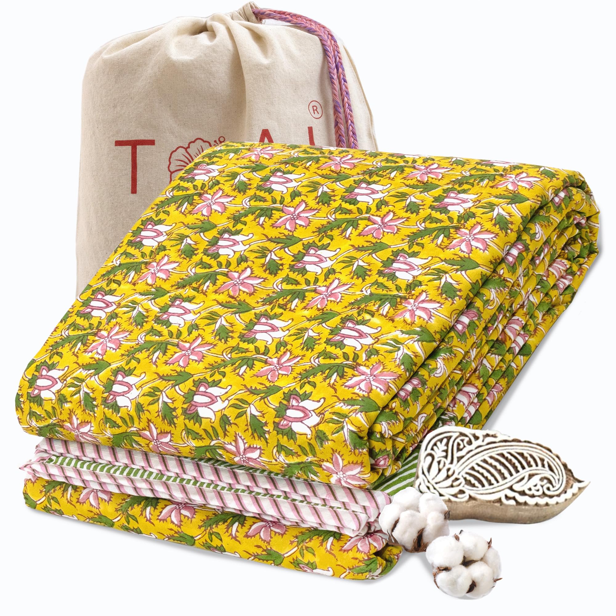 TOAIArt Premium Jaipuri Dohar | AC Blanket Summer Quilt | Hand Block Printed | 3 Layers | Reversible | 150GSM 100% Mulmul Cotton | 100% Cotton Flannel Filling | Single 60 X 90 |Pink Floral Pond Kafalo