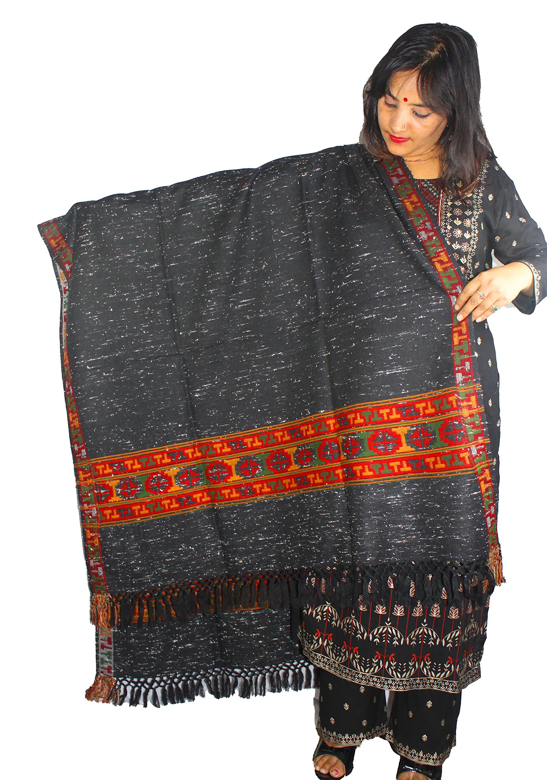 Australian Marino Wool Shawl Hand Woven Kullu Embroidery BLACK WITH WHITE DOTS