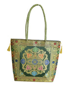 Nirvana Handicraft Silk Hand Bag/Shoulder/Tote Bag For Ladies (Medium, Rangoli, Dark Green (Kai Colour))