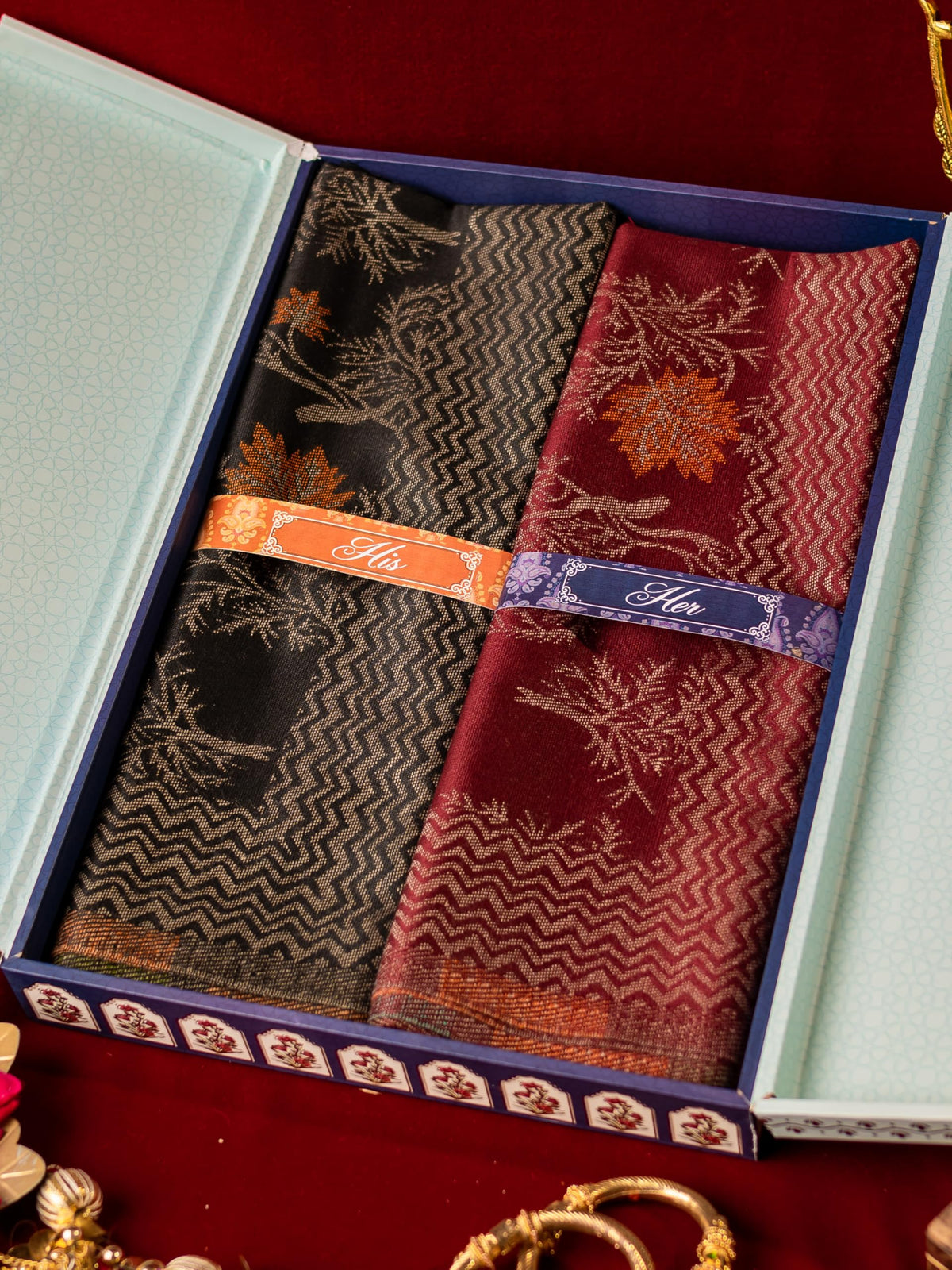 Pashmoda His and Her Gift Set of Kaani Stoles With Wooden Gift Box