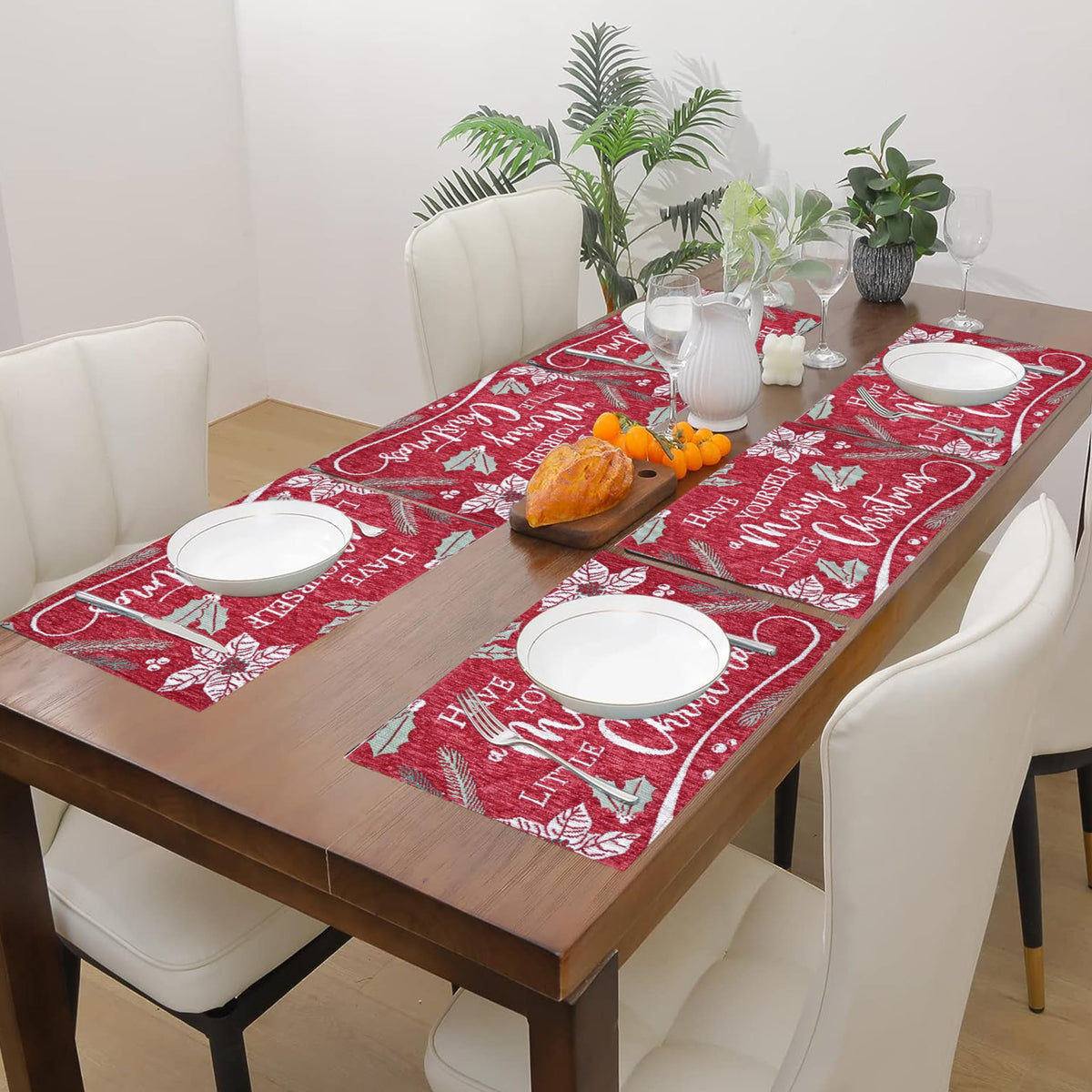 PRAKARTIK BY INDUARTS Chenille Red White Christmas Eco-Friendly Cotton Dining Rectangular Table mats - Reusable, Machine Washable, Everyday Use Red & White Placemats, Set of 6 (33x47 cm) Kafalo