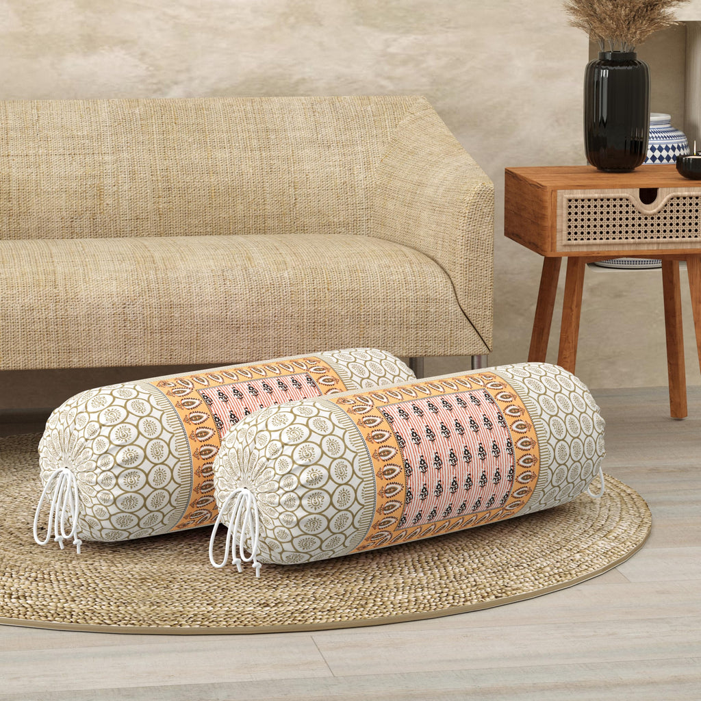 BLOCKS OF INDIA Cotton Hand Block Printed Bolster Cover | Booster Cover with Drawstring | Round Long Pillow Cover for Bed | Dewan Pillow Cover Set 16 X 32 | Set of 2 (Color 35)
