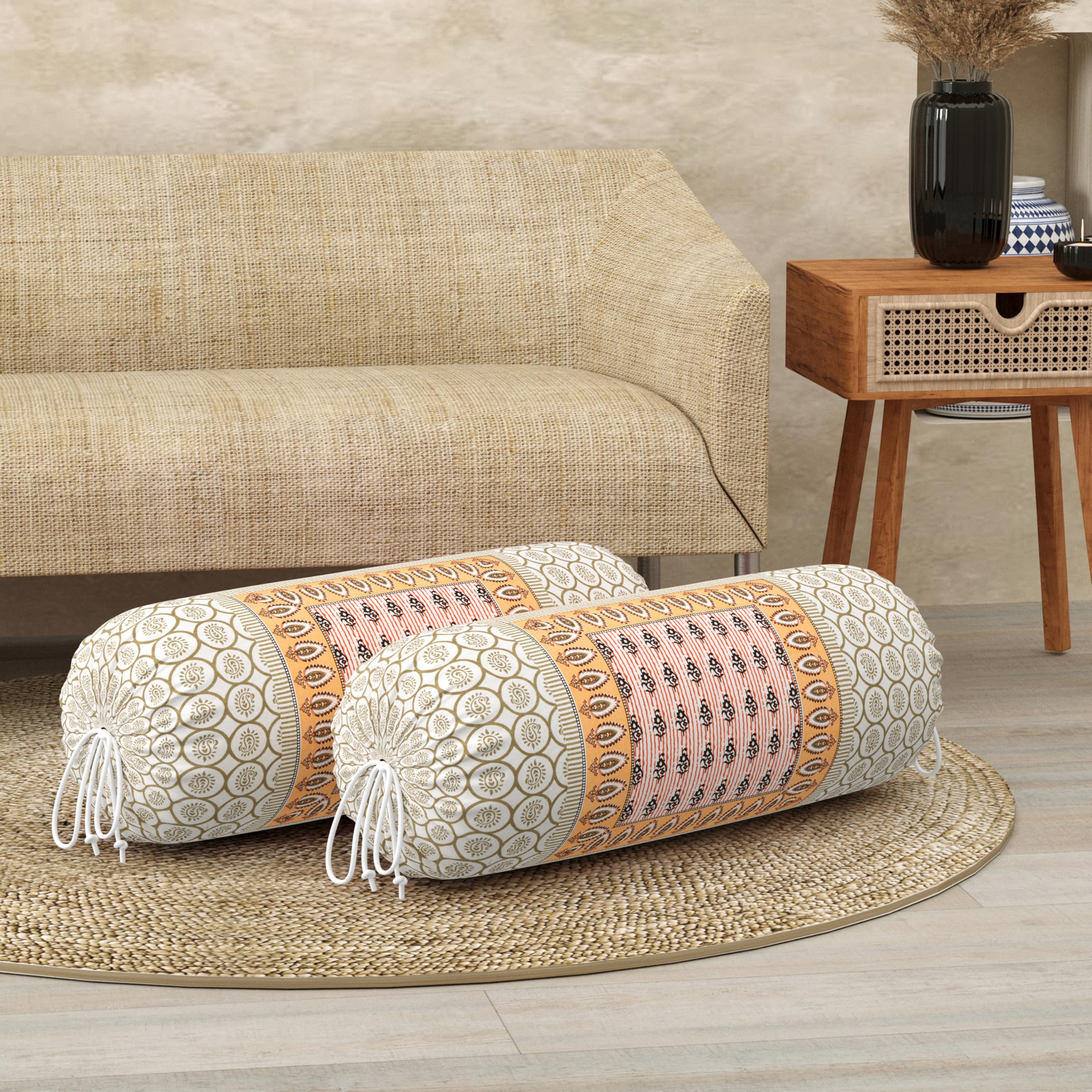 BLOCKS OF INDIA Cotton Hand Block Printed Bolster Cover | Booster Cover with Drawstring | Round Long Pillow Cover for Bed | Dewan Pillow Cover Set 16 X 32 | Set of 2 (Color 35)