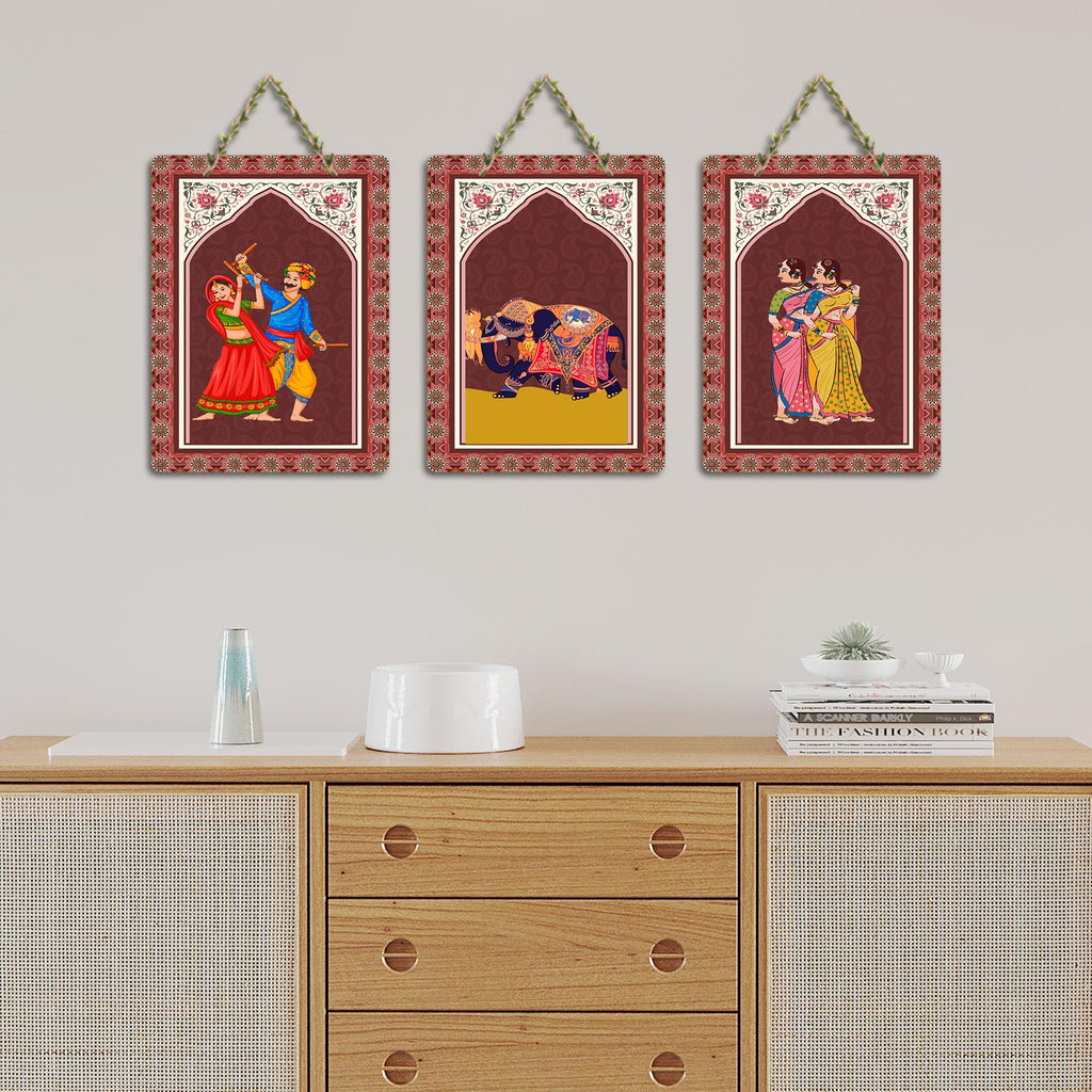 Artvibes Rajasthani Art Home Decorative MDF Wooden Wall Art for Home | Modern Decoration Items | Living Room | Bedroom | Office | Art Print | Aesthetic Wooden Decor | Ideal Gifts (WH_96148N), Set of 3
