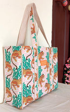 Cotton Tote bag for Women | Shoulder Bag | Reversible Bag | Durable Shopping bag | Reusable Grocery Bags | Eco friendly Bags| Handmade Cotton Bag | Stylish Quilted handBag (Tiger)