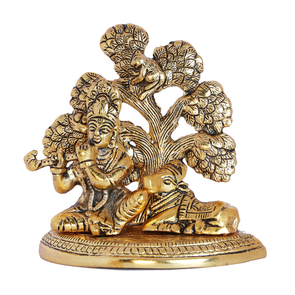 KridayKraft Lord Krishna Metal Statue, Krishna Murti Playing Flute with Cow for Temple Pooja, Decor Your Home, Office & Gift Your Relatives, Showpiece Figurines, Religious Idol
