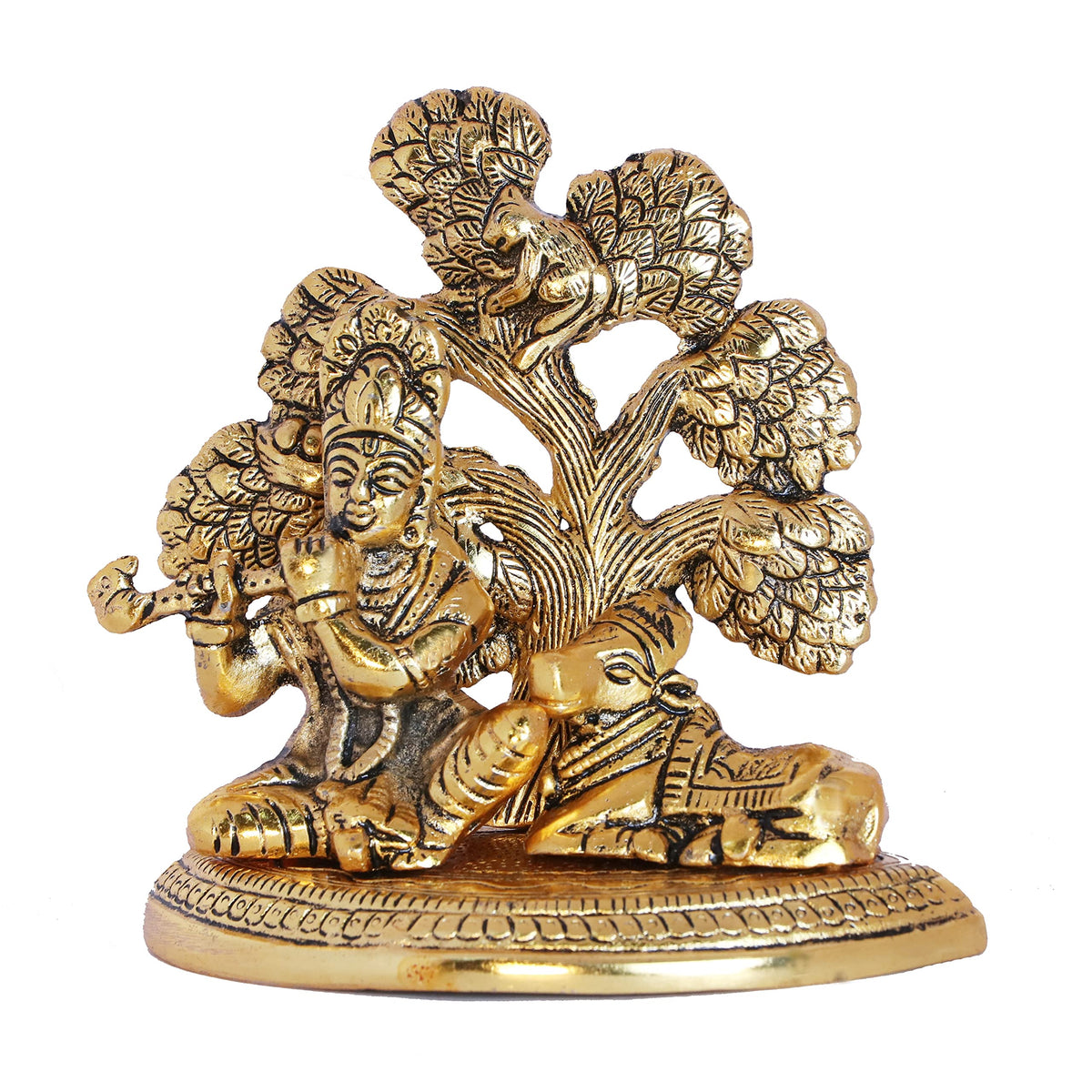 KridayKraft Lord Krishna Metal Statue, Krishna Murti Playing Flute with Cow for Temple Pooja, Decor Your Home, Office & Gift Your Relatives, Showpiece Figurines, Religious Idol
