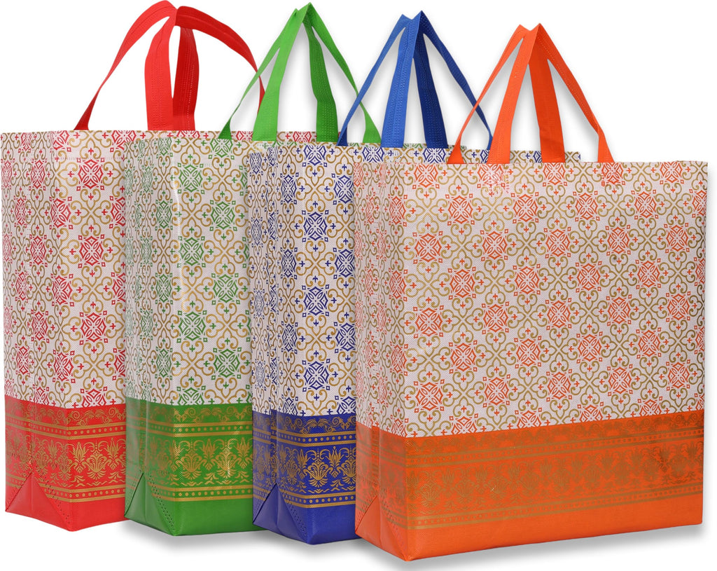 AUTHENTIC AK Reusable Printed Tote Bags, Set of 4, Red, Green, Blue, Orange (40)