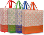 AUTHENTIC AK Reusable Printed Tote Bags, Set of 4, Red, Green, Blue, Orange (40)