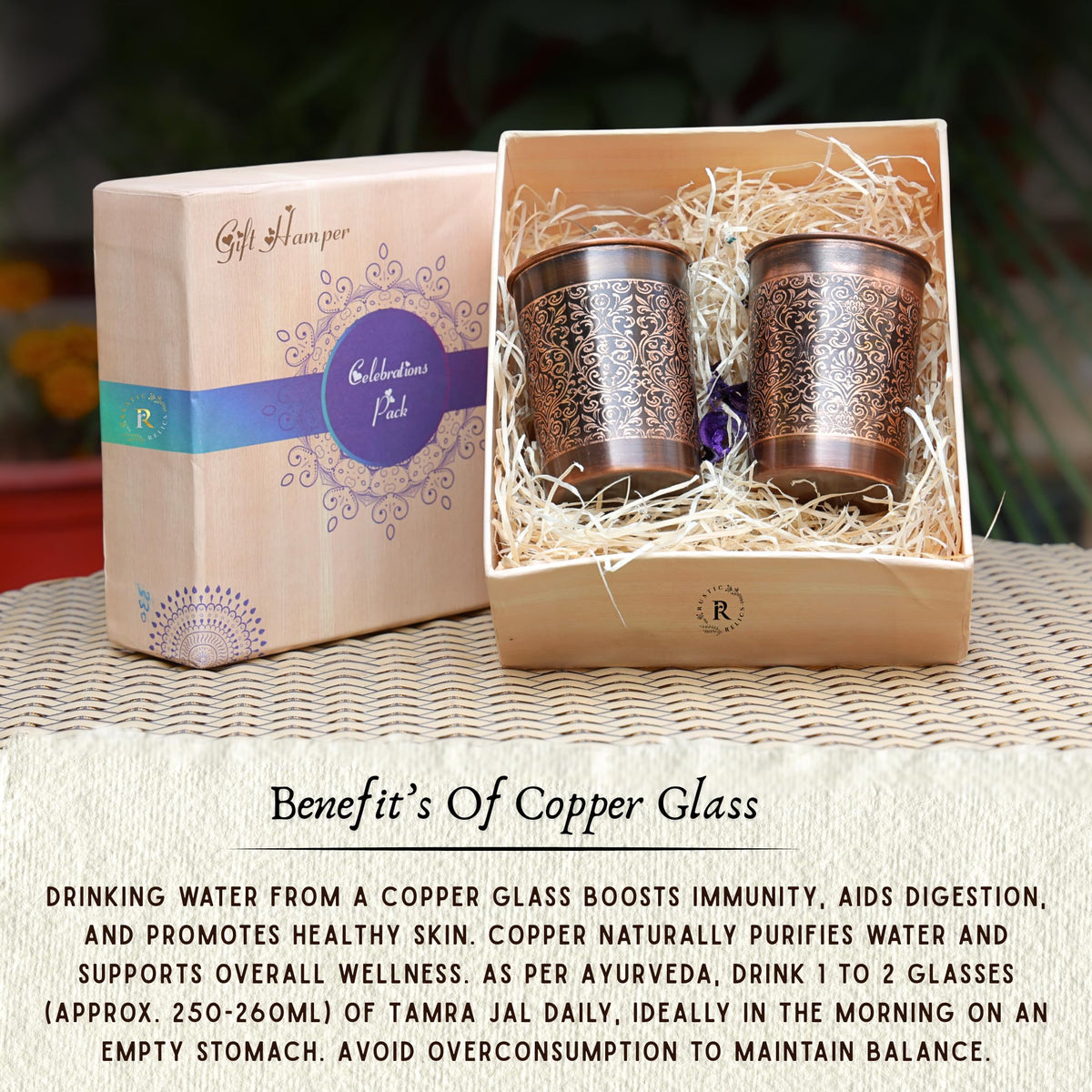 RUSTIC RELICS Pure Copper Handcrafted Glasses Set with Gift Box Set of 2 Antique Etching Design for Ayurveda Wellness | Elegant Ayurvedic Benefits | Perfect and Premium Gifting Hamper - 250ml