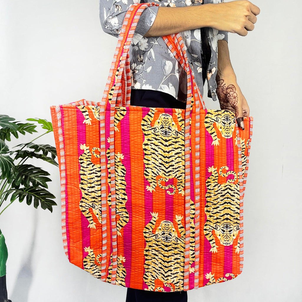 Marika Textiles Red Tiger Printed - Premium Cotton Quilted Grocery Shopping Tote Bag, Shoulder Tote Bag for Women