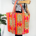 Marika Textiles Red Tiger Printed - Premium Cotton Quilted Grocery Shopping Tote Bag, Shoulder Tote Bag for Women