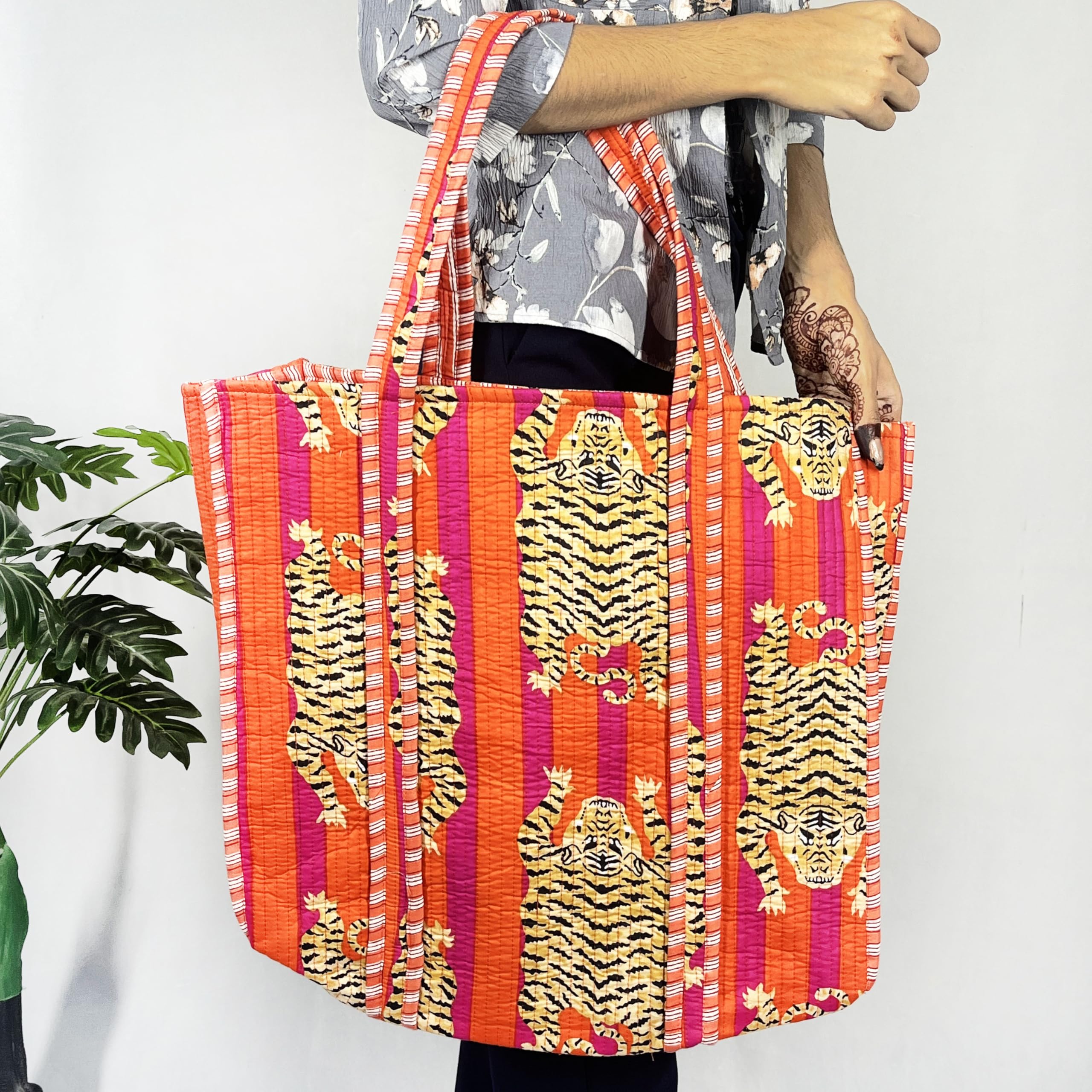 Marika Textiles Red Tiger Printed - Premium Cotton Quilted Grocery Shopping Tote Bag, Shoulder Tote Bag for Women