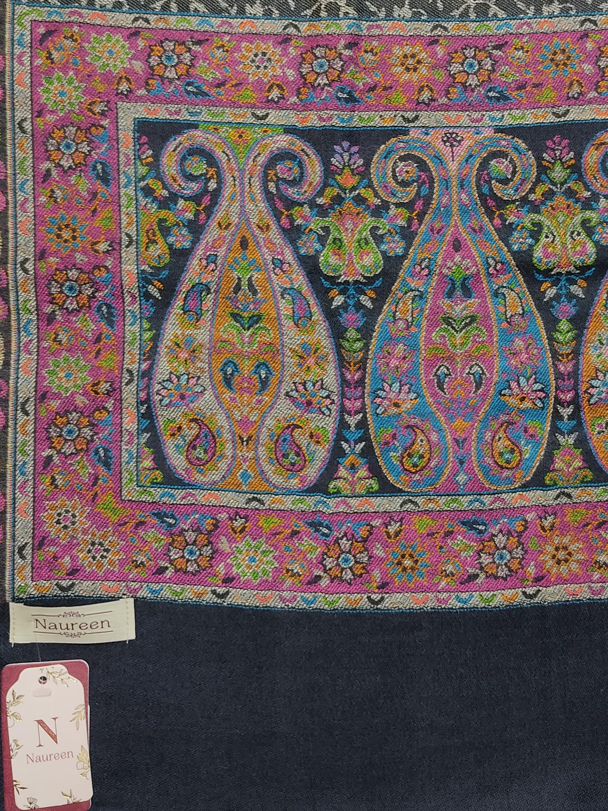 Naureen Women Pashmina Blend Kani Shawl with Paisley and Floral Border, Warm and Soft, 40x80 inch