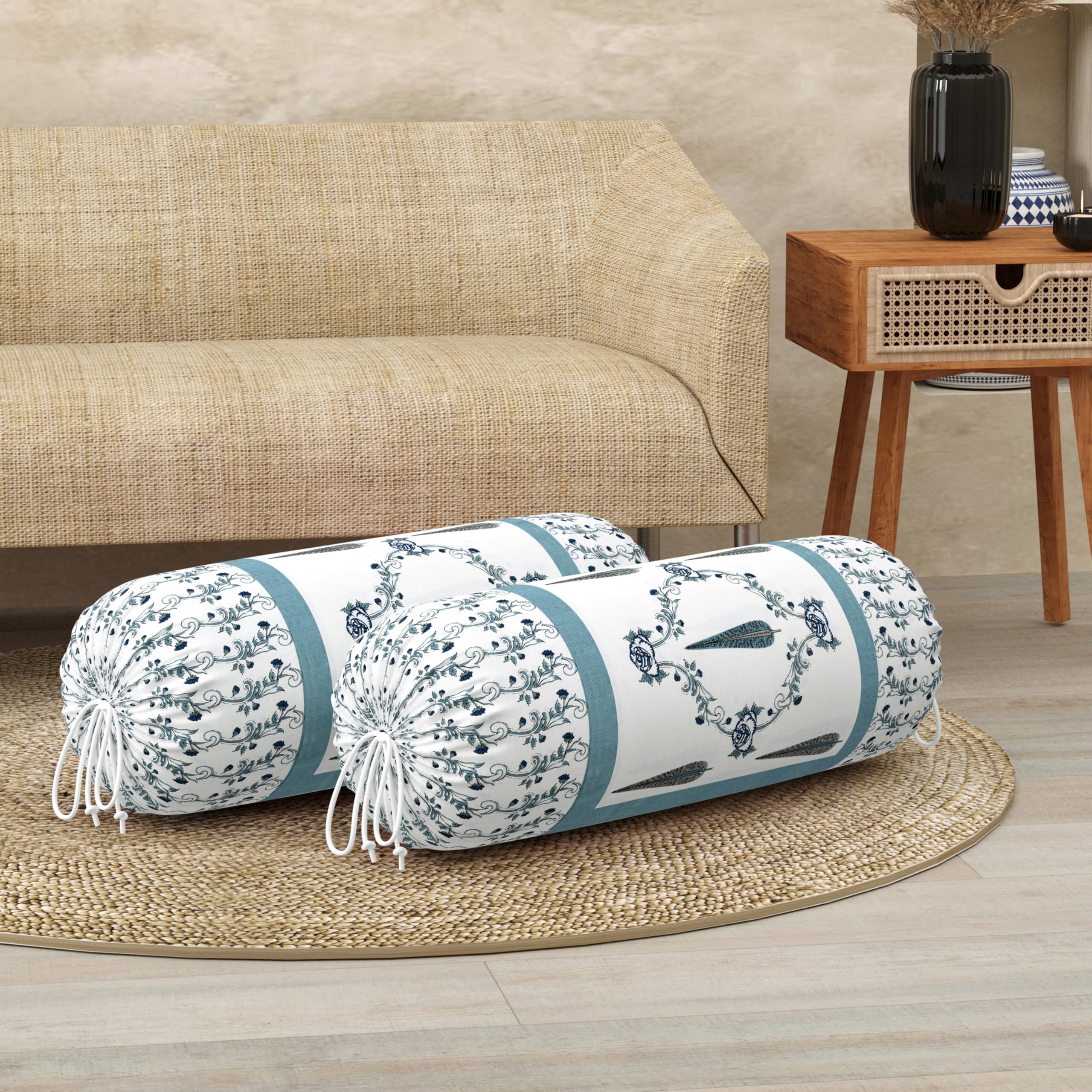 BLOCKS OF INDIA Cotton Hand Block Printed Bolster Cover | Booster Cover with Drawstring | Round Long Pillow Cover for Bed | Dewan Pillow Cover Set 16 X 32 | Set of 2 (Grey Patti)