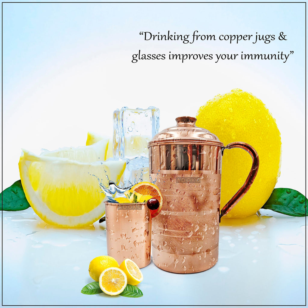 Adoko Pure Copper Water Jug 1.5 Litre with 1 Copper Glass (300ml) | Ayurvedic Copper Pitcher Set for Drinking & Storage for Health & Wellness