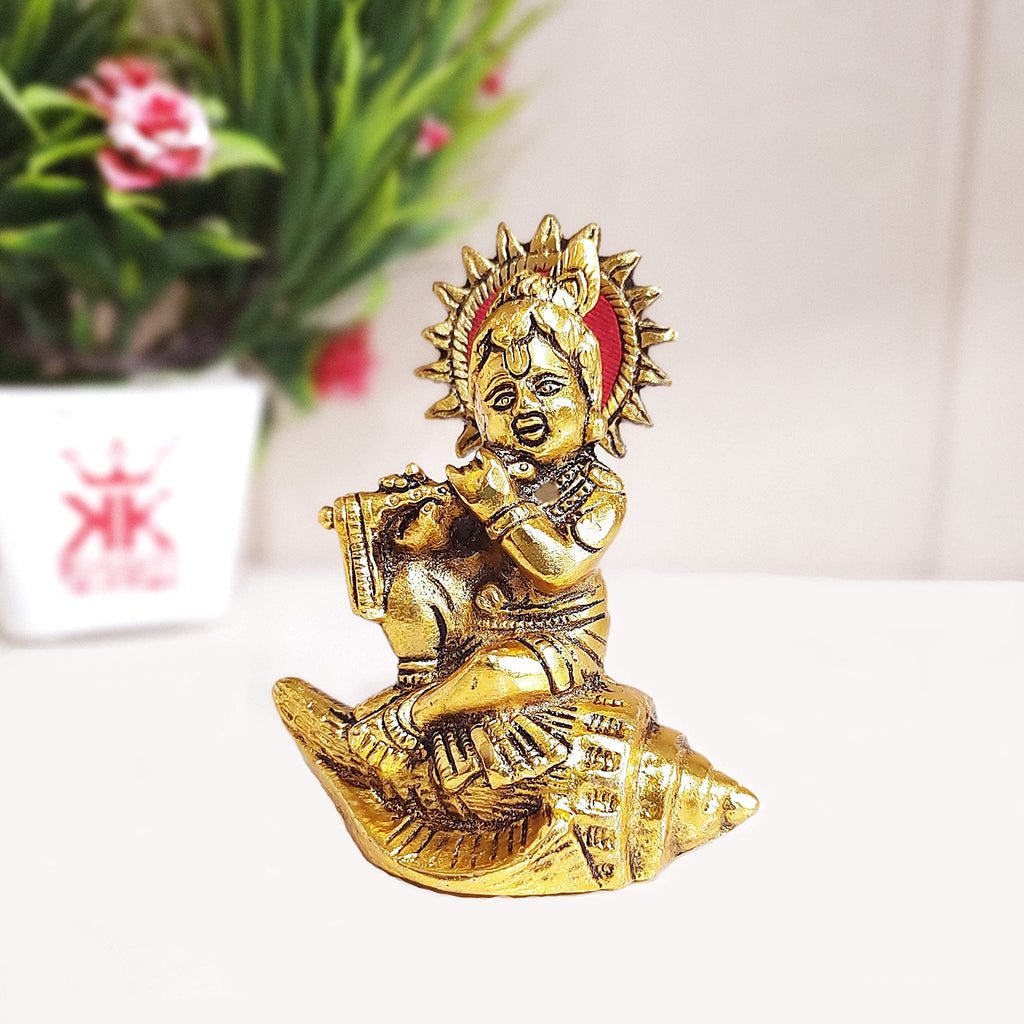 KridayKraft Lord Krishna On Shankh Metal Statue Bal Laddu Gopal Murti Playing Flute Decorative Showpiece for Pooja Room Home Office Decor Religious Idol Figurine for Study Table & Gifting Purpose
