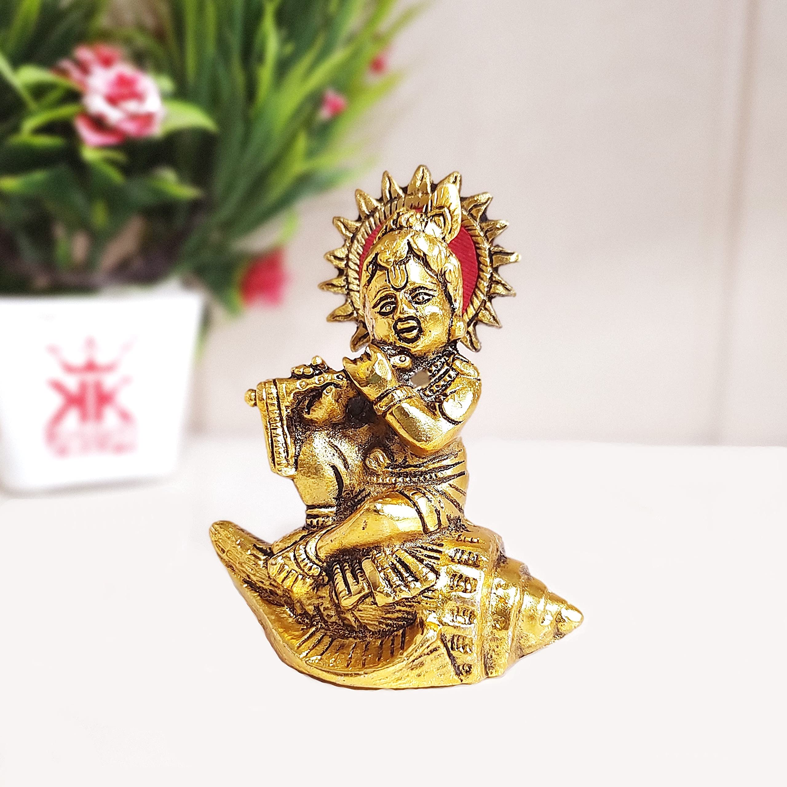 KridayKraft Lord Krishna On Shankh Metal Statue Bal Laddu Gopal Murti Playing Flute Decorative Showpiece for Pooja Room Home Office Decor Religious Idol Figurine for Study Table & Gifting Purpose