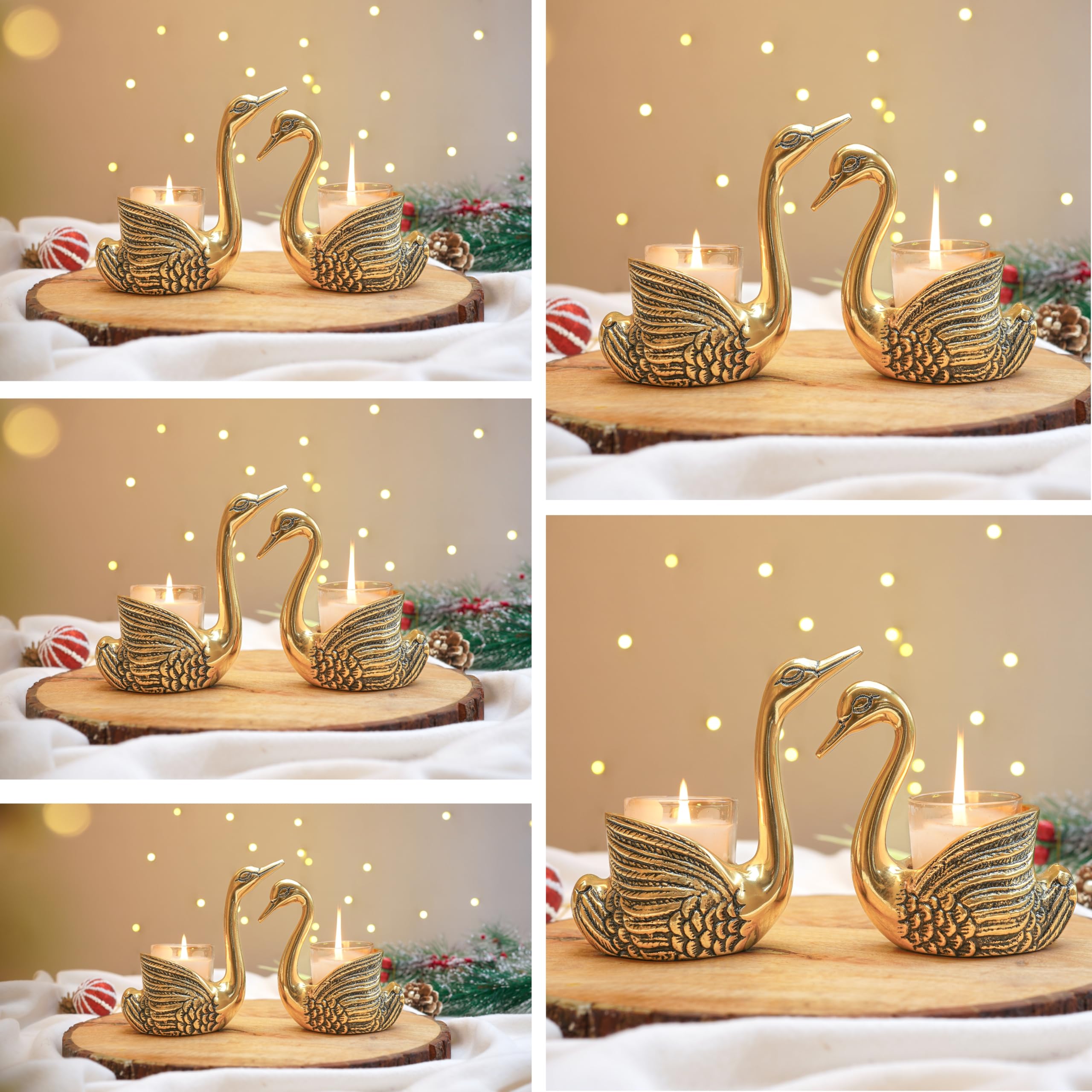 BEHOMA Set of 5 Pair Metal Golden Swan Candle Holders with Gift Box