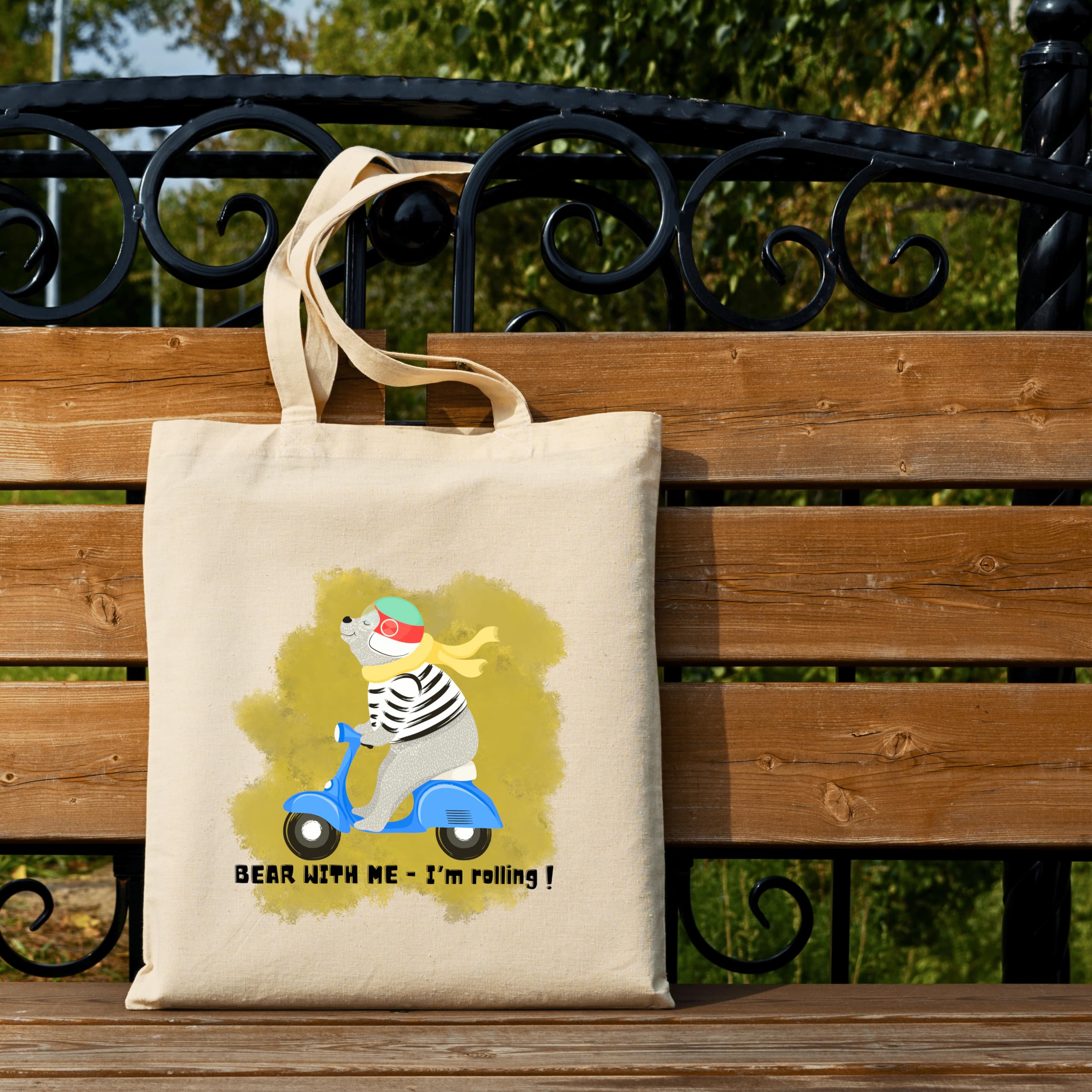 snapiq COTTON 350 GSM Canvas Tote Bag for Women and Girls Thick Fabric with Zipper (Beige, Bearbike2)