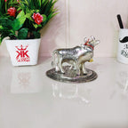 KridayKraft Kamdhenu Cow,Calf with Bal Gopal Krishna Metal Statue for Good Luck,Feng Shui As Table Top Figurine,Vastu,Religious Gau MATA Idol Home,Office&Table (Silver, Small)