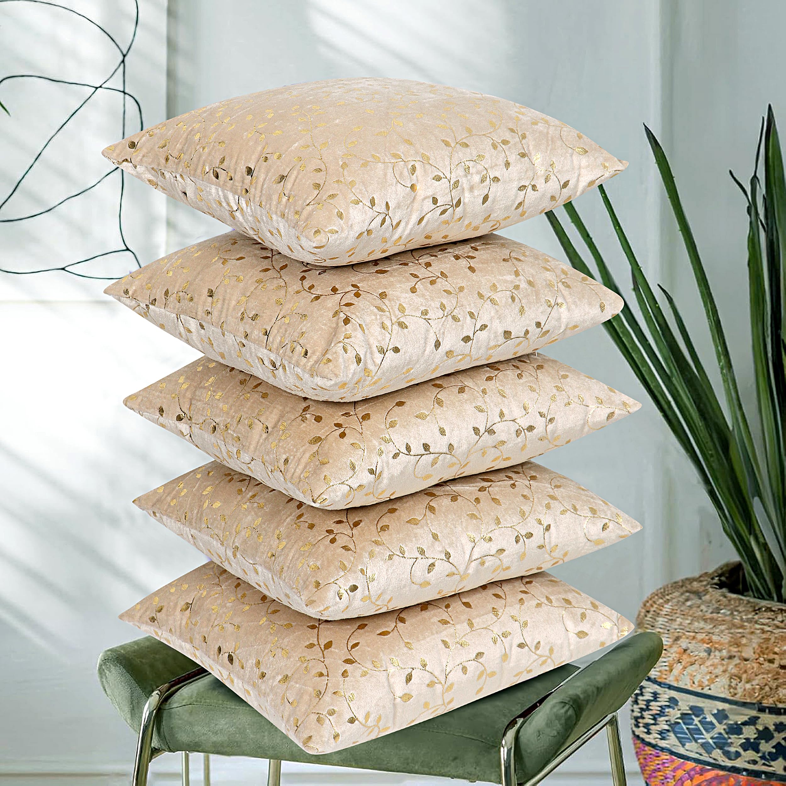 RD TREND® Premium Velvet Cushion Covers Set of 5 | Soft Decorative Throw Pillow Covers for Sofa, Bed & Living Room | Cushion Cover 18 inch x 18 inch (45x45 cm) Cream Caramel