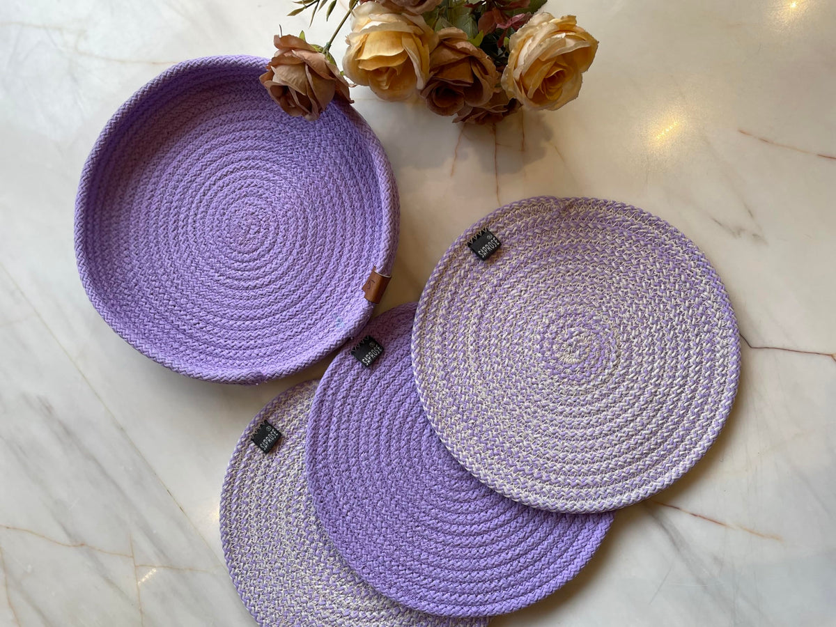 SAPROSE® Retro Polypropylene 3 Pc Round Trivet with Basket Holder, Braided Pot MAT, Side Table Mat, Machine Washable Small Place Mat for Casserole for Dining Table (9 inch Dia) Kafalo