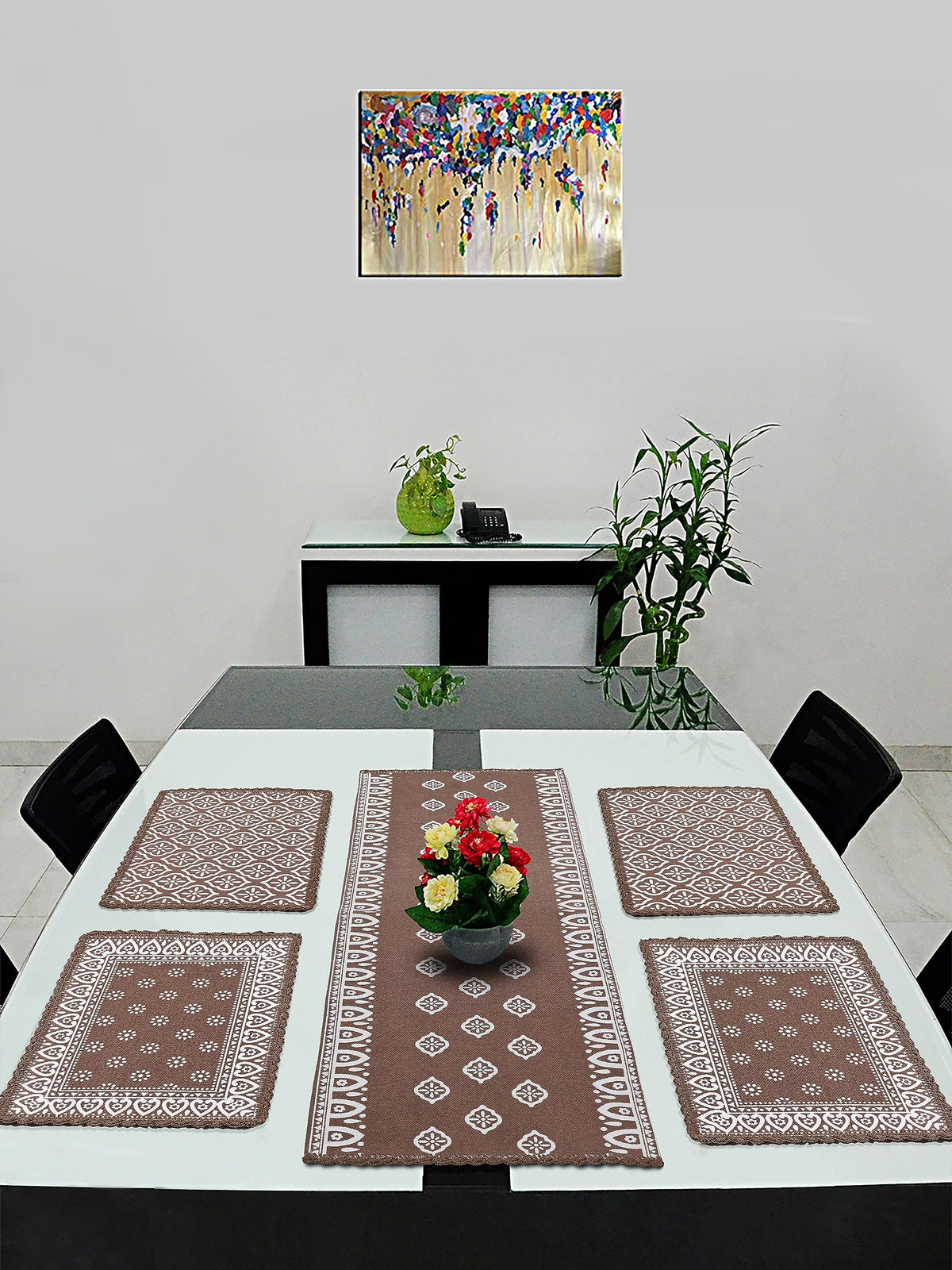 Saral Home Easy Living Cotton Dining Table Kitchen Placemats, 4 Mat -33X45Cm, 1 Runner43X120 Cm (Set of 5) - Brown Kafalo