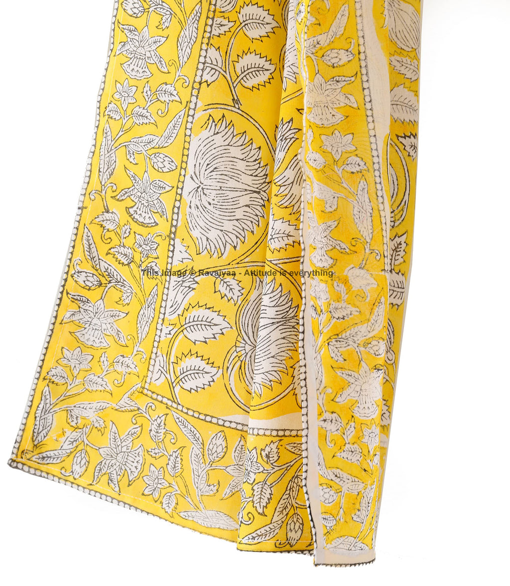 Ravaiyaa - Attitude is everything Hand Block Printed Cotton Long Stole Scarves Hijab Neck Wrap Female Scarf 71 X 21 Inch (Yellow Lotus Floral)