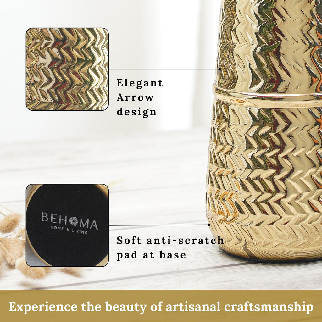 BEHOMA Arrow Engrave Metal Cylindrical Vase for, Golden - 1Pc