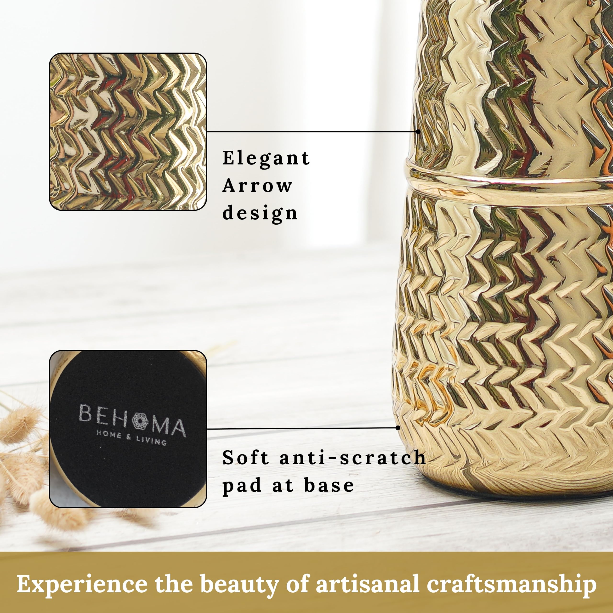 BEHOMA Arrow Engrave Metal Cylindrical Vase for, Golden - 2 Pcs