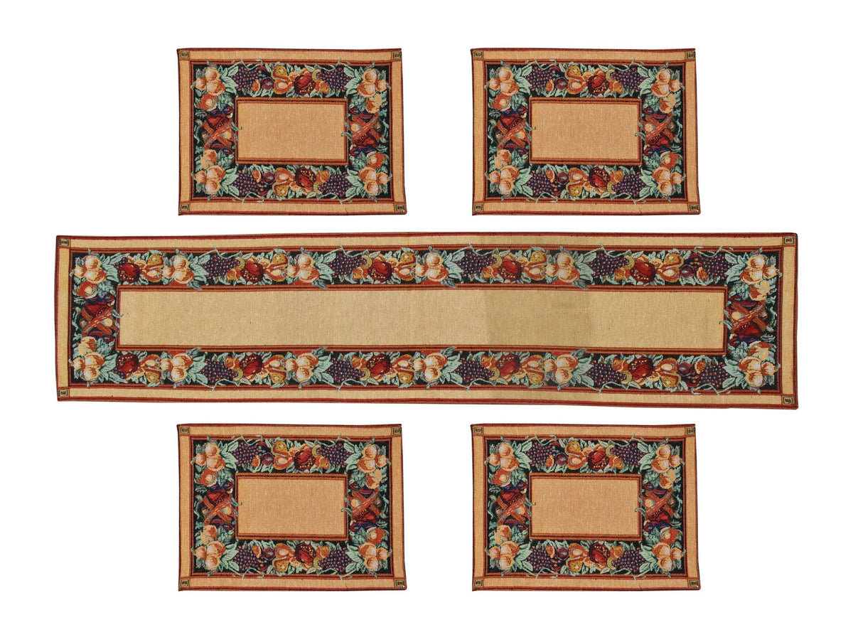 Galaxy Home Decor Dining Table 4 Table Mats with Runner(Mat 13X18 Inches and Runner 13X54 Inches) Washable Cotton Linen Mat Jacquard Fabric,Multicolor(Vegetable Design,4 Mats with Runner),X-Small Kafalo