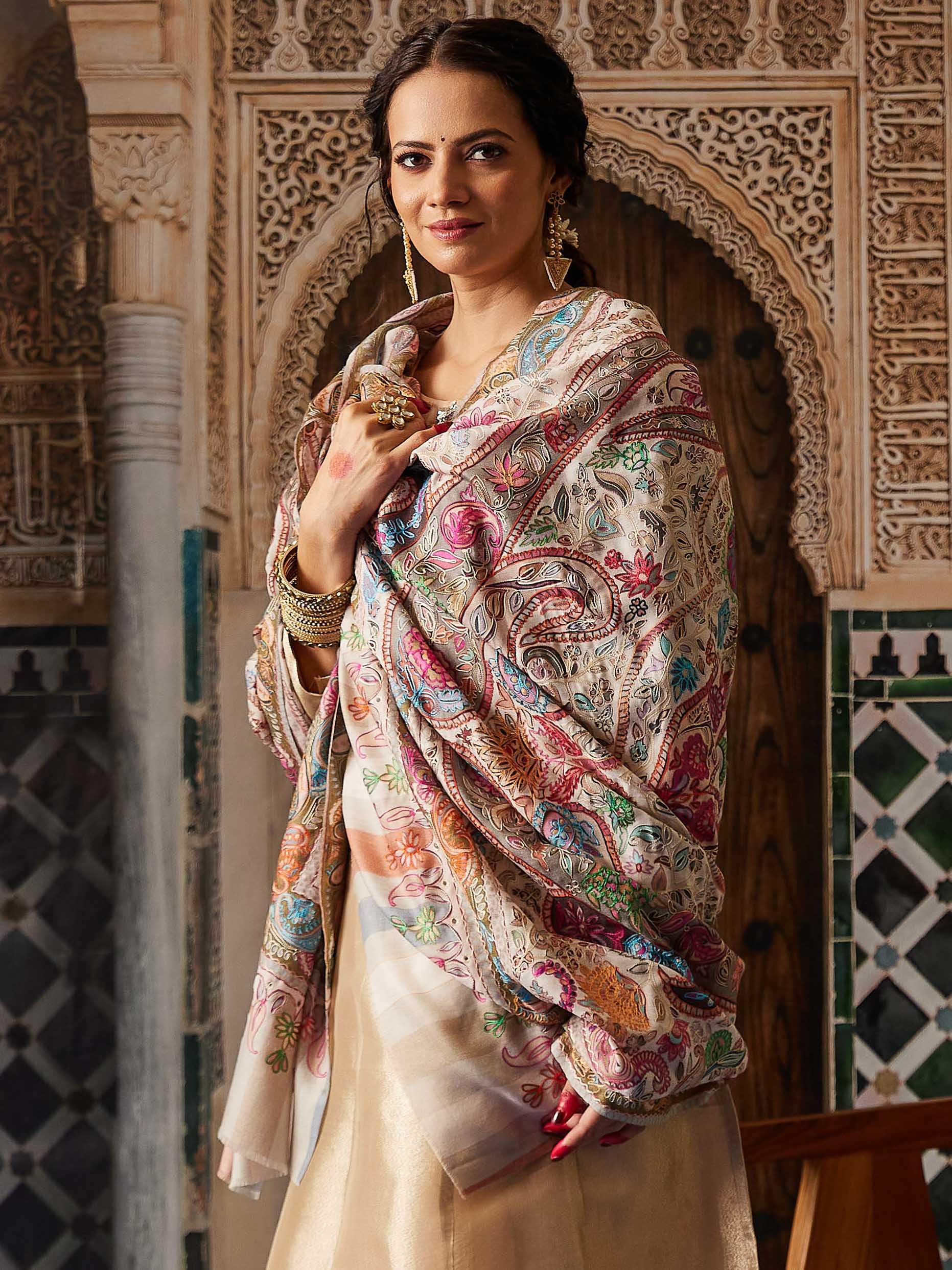 Pashmoda Women Naaz Fine Wool Fabric Pashmina Kalamkari Embroidered Shawl, Stole and Wrap, Sustainable and Natural Fabric, Heritage Kashmiri Pashmina(Size 40x80)