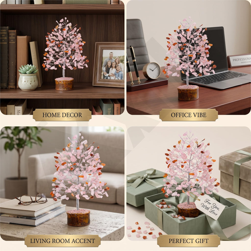 Axilla Natural Rose Quartz Crystal Tree with Wooden Base | Heart Chakra Healing Pink Stone Tree of Life | Feng Shui Romantic Room Decor & Positive Energy Good Luck Gift for Couples