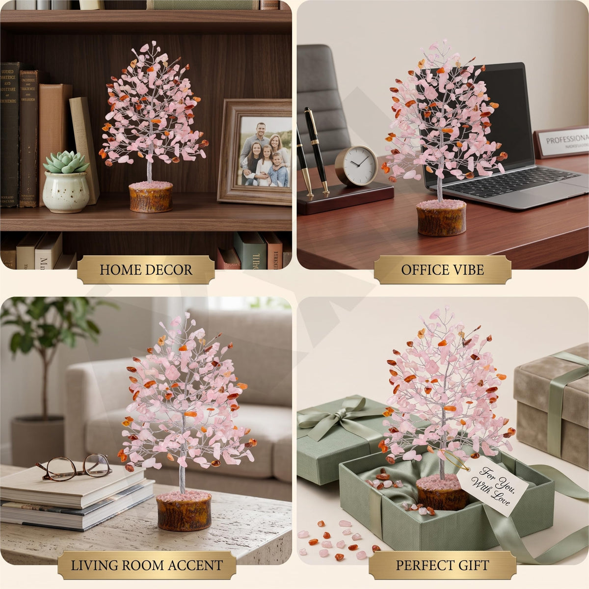 Axilla Natural Rose Quartz Crystal Tree with Wooden Base | Heart Chakra Healing Pink Stone Tree of Life | Feng Shui Romantic Room Decor & Positive Energy Good Luck Gift for Couples