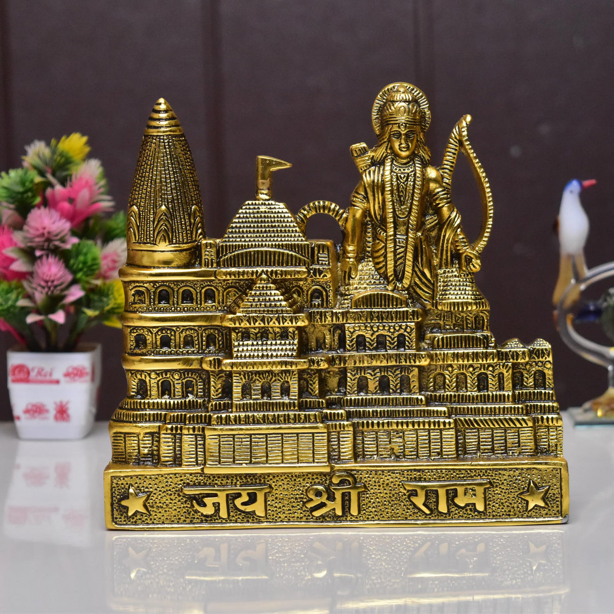 Kridaykraft Metal Shree Ram Mandir Architectural Model Prabu Shri Ram Janam Bhumi Ayodhya Showpiece for Home Decor, Office | Metal Showpiece - 22 X 21 Cm, Gold