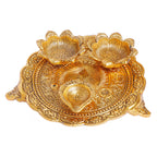 KridayKraft Metal Pooja Thali with Diya for Pooja Home/Temple/Mandir,Decorative Showpiece Pooja Thali Set for Diwali Poojan Wedding Gift Article, Gold
