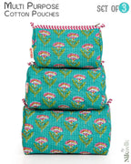NIKAVIK 1 Tote Bag and 3 Pouches | Jaipuri Quilted fabric Handblock Printed Tote Bag (with zip closure and bottle compartment) with Matching Pouches (Aqua Blue Pink)