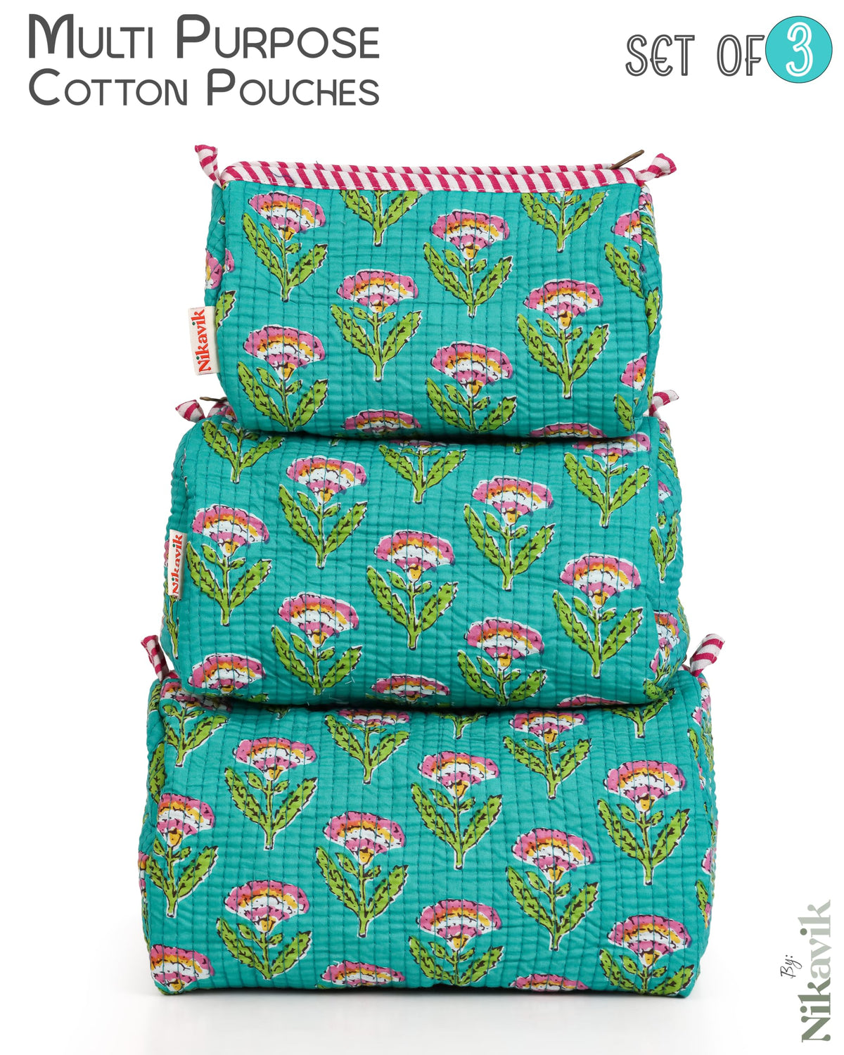NIKAVIK 1 Tote Bag and 3 Pouches | Jaipuri Quilted fabric Handblock Printed Tote Bag (with zip closure and bottle compartment) with Matching Pouches (Aqua Blue Pink)