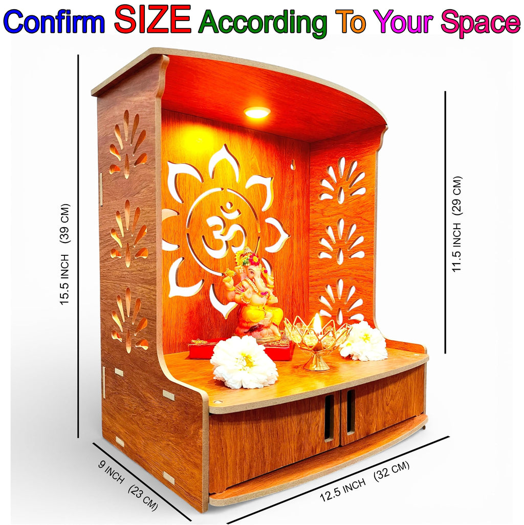 Devson™ Beautiful Wooden Temple | MDF Pooja MANDIR for Home and Office use with LED SPOT Light | Engineered Wood Pooja Stand with Storage Shelves | Size - H 15.5 x L 12.5 x W 9 inch | 12LIT